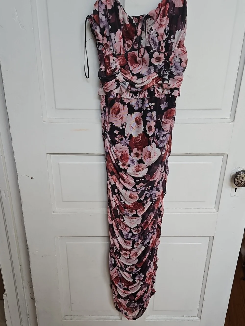 Floral Ruched Maxi Skirt in Pink and Black